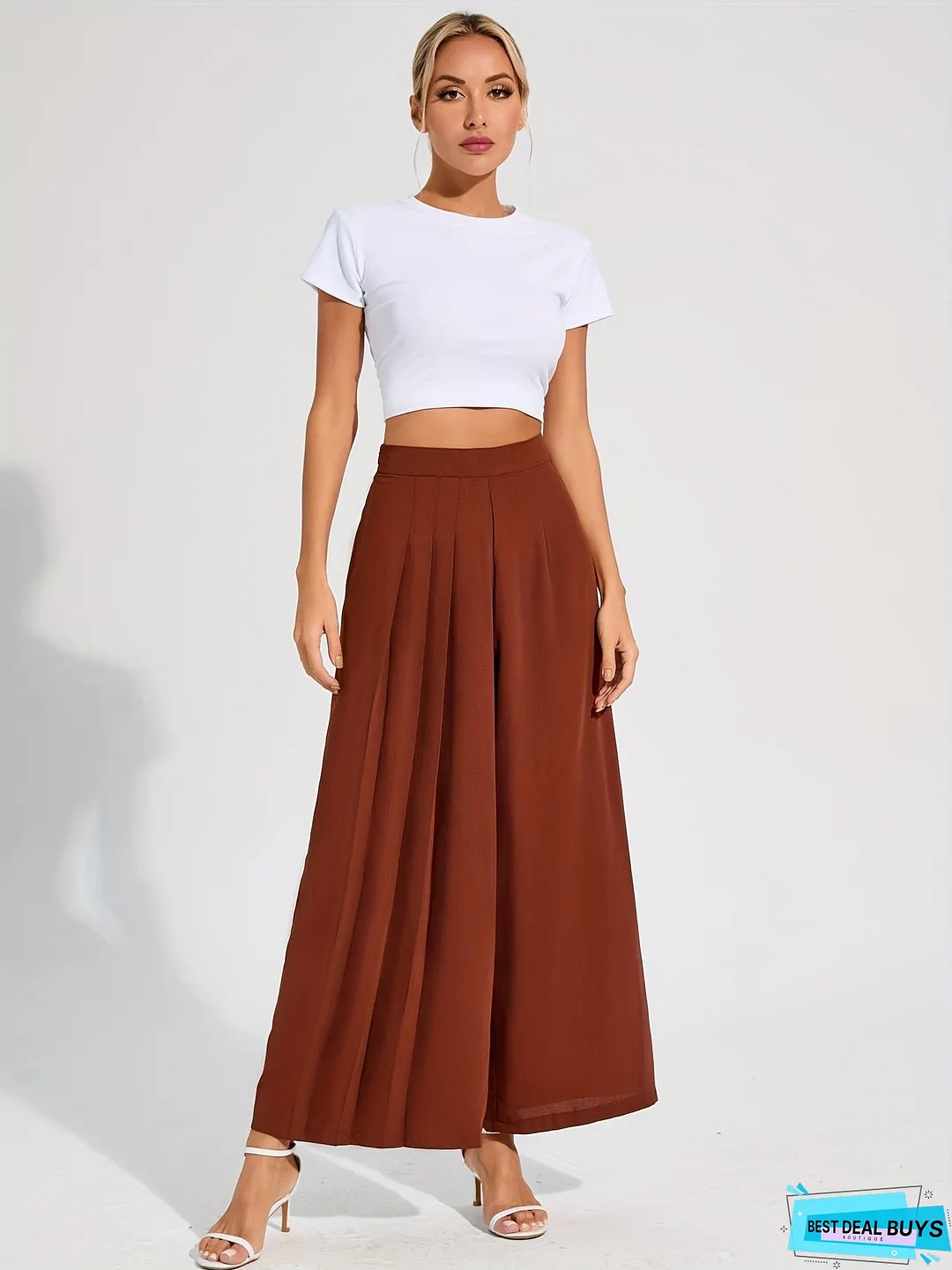 Solid Pleated Wide Leg Pants, Elegant High Waist Palazzo Pants, Women's Clothing