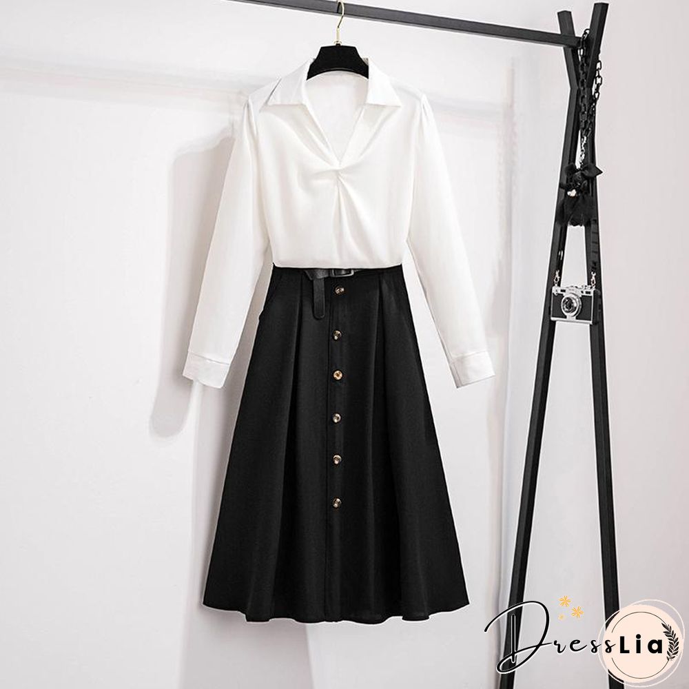 Fashion V-Collar Blouse+Belt Skirt P11743