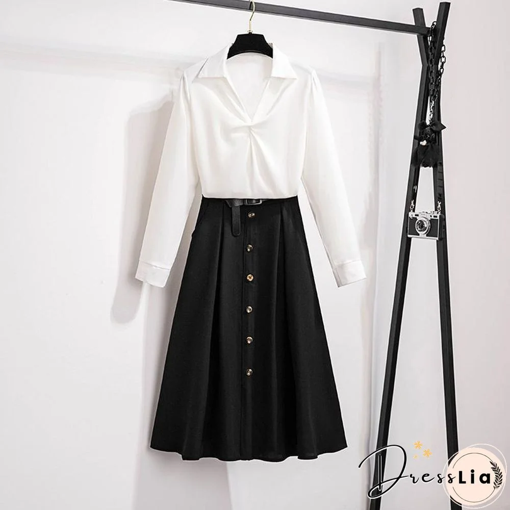 Fashion V-Collar Blouse+Belt Skirt P11743