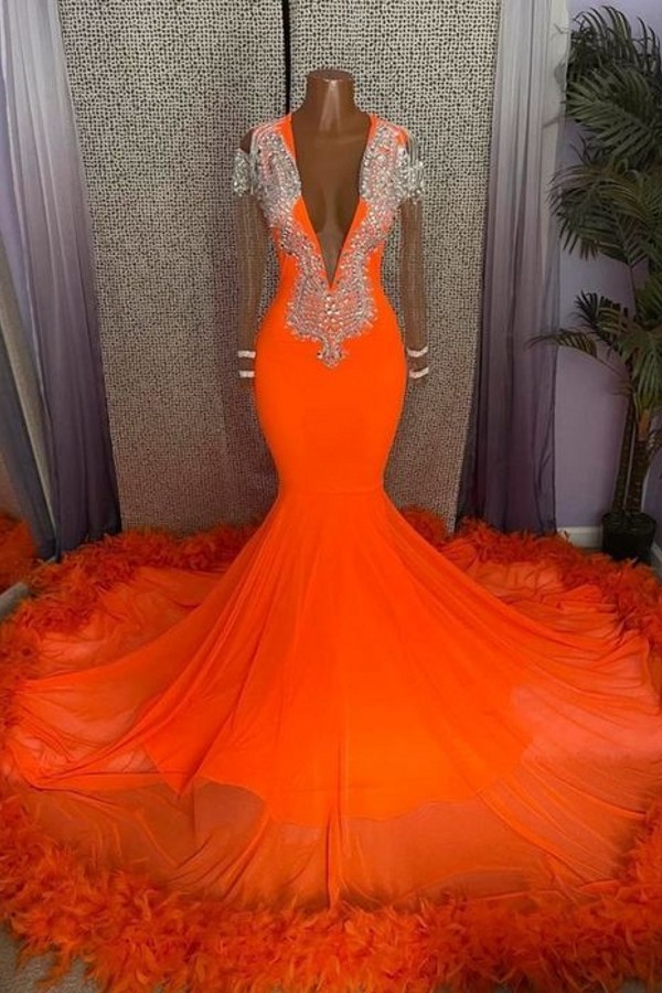 Bellasprom Orange Long Sleeves Prom Dress Mermaid V-Neck With Crystals Feathers Bellasprom