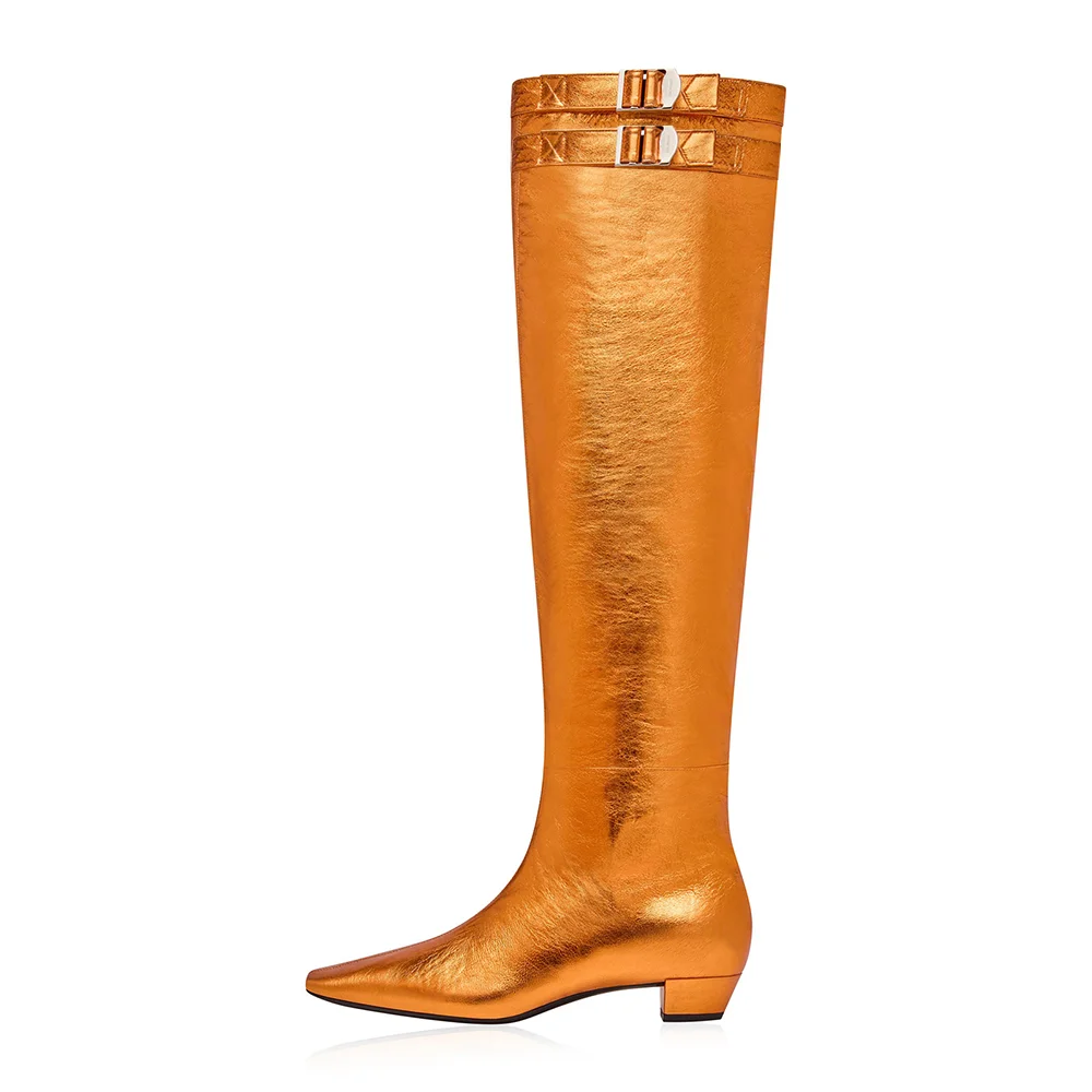 Leather Gold Over The Knee Boots Pointed Toe Cone Heel High Boots Nicepairs