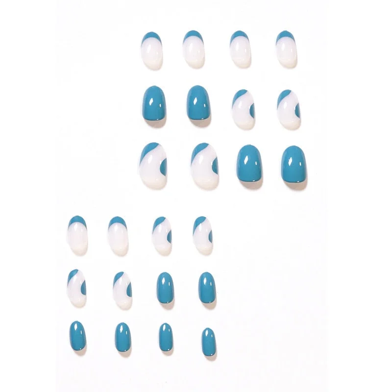 24pcs Almond False Nails Short French Blue Design Artificial Ballerina Fake Nails With Glue Full Cover Nail Tips Press On Nails-Nail Inspo