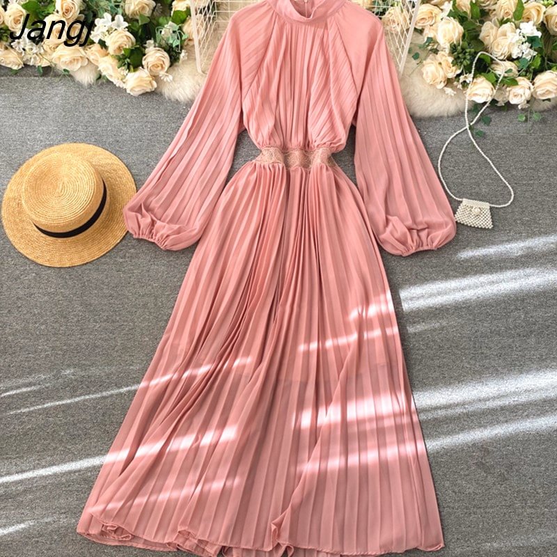 Jangj And Summer French Orange Pleated Vintage Maxi Dress o-Neck Femme Robe Puff Sleeve Elegant Solid Color Holiday Beach Dress