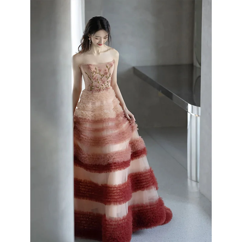 Abebey-nye outfits Banquet Gown Women's Evening Dress Court Style Gradient Strapless Lace Skirt Dubai Banquet Embroidered Party Dresses Vestidos-back to school dress 2025