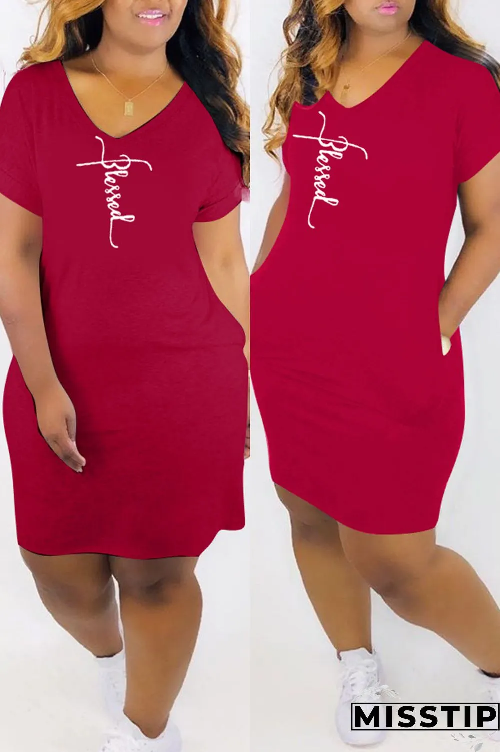 White Fashion Casual Print Basic V Neck Short Sleeve Dress