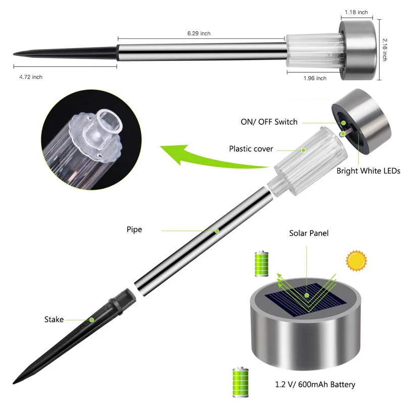 12 Packs Solar Glass Stainless Steel Waterproof Stake Lights For Outdoor Pathway Garden