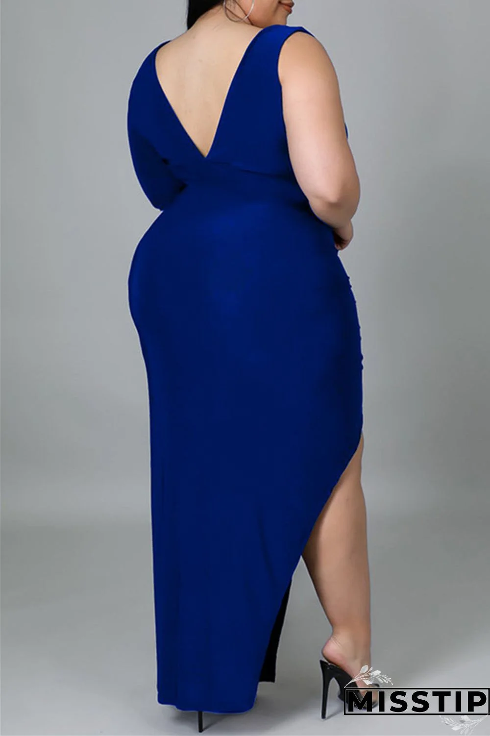 Black Fashion Casual Solid Hollowed Out Slit V Neck Long Sleeve Plus Size Dresses