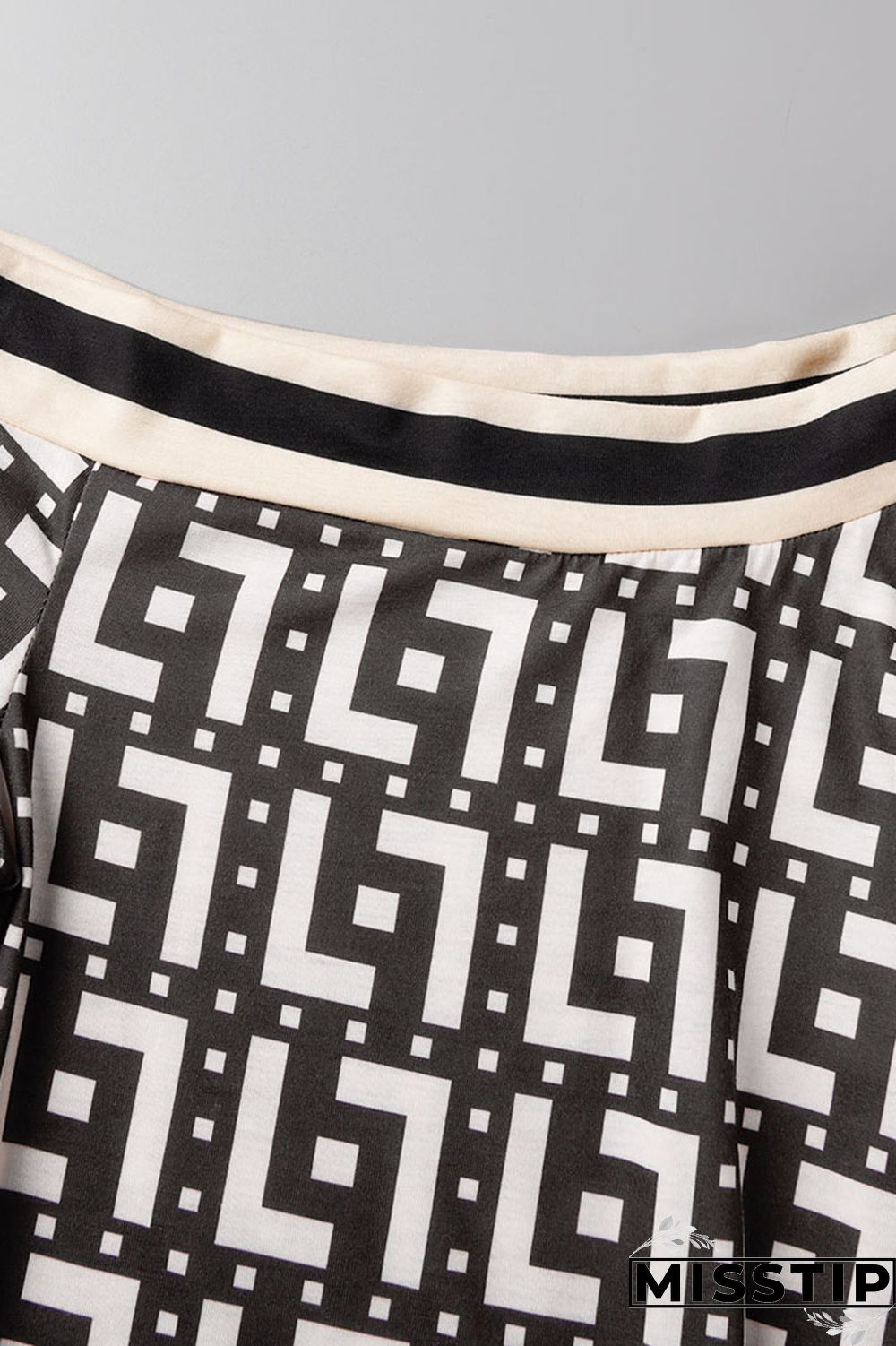 Black And White Casual Print Patchwork Slit Oblique Collar Short Sleeve Two Pieces