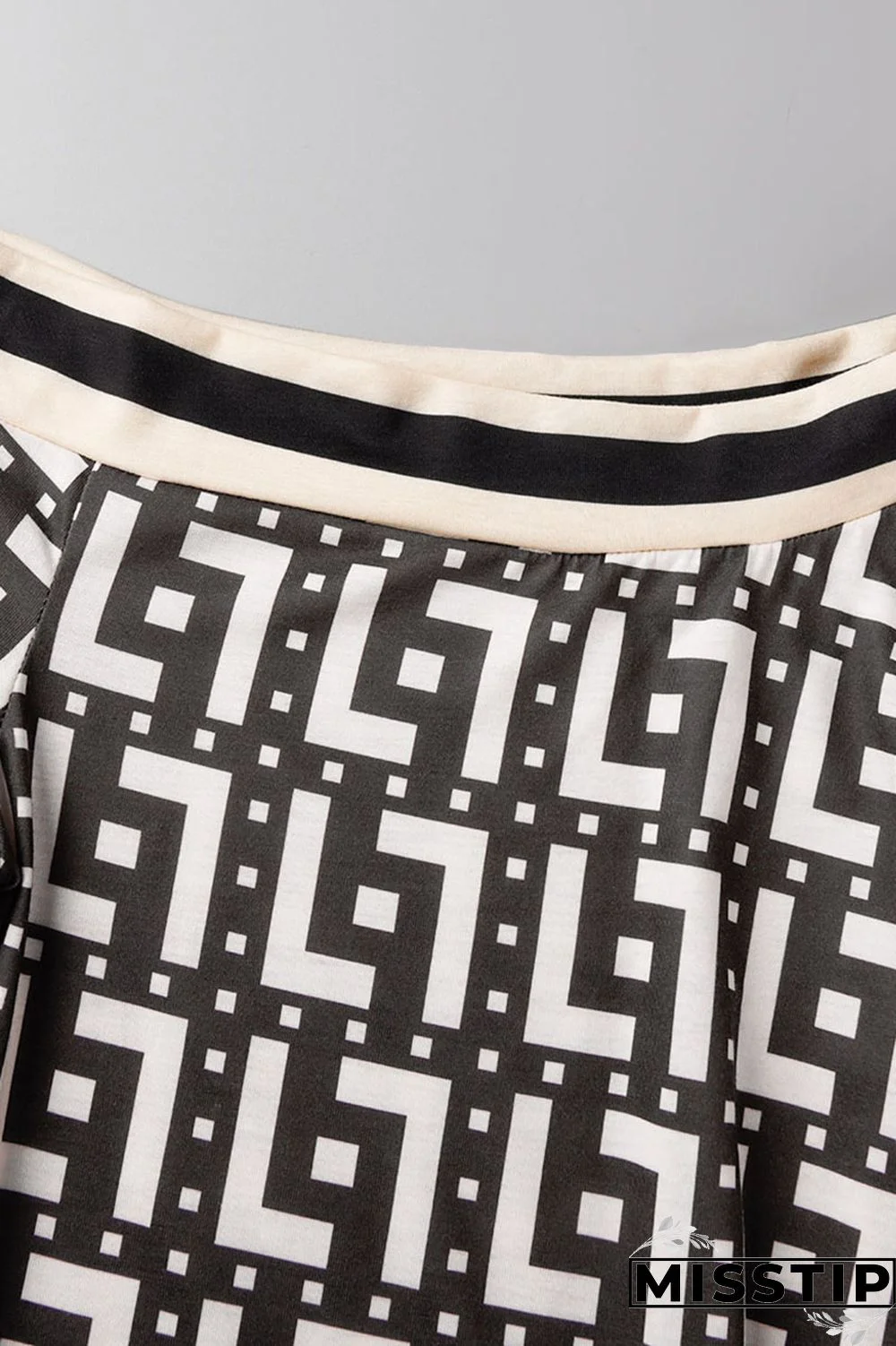 Black And White Casual Print Patchwork Slit Oblique Collar Short Sleeve Two Pieces