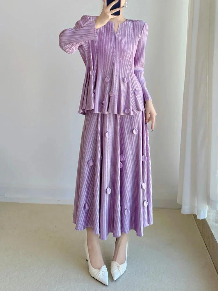 Boutique Red Round Neck Long Sleeve Pleated Top And Pleated A-line Skirt Set