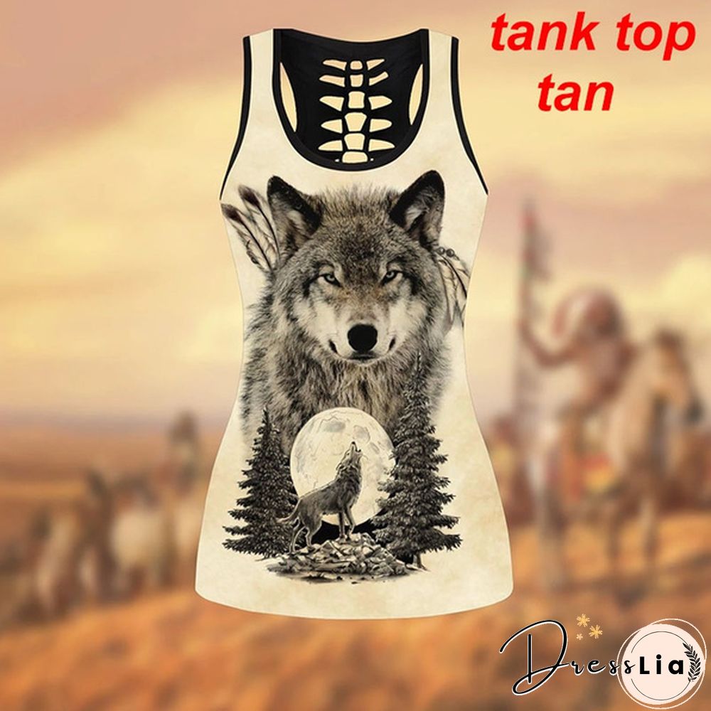 Women Wolf Native American 3D All Over Printed Legging + Hollow Tank Sleeveless Shirt Summer Vest for Women Plus Size Yoga Tank Tops Leggings Suit