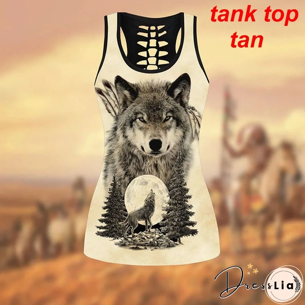 Women Wolf Native American 3D All Over Printed Legging + Hollow Tank Sleeveless Shirt Summer Vest for Women Plus Size Yoga Tank Tops Leggings Suit