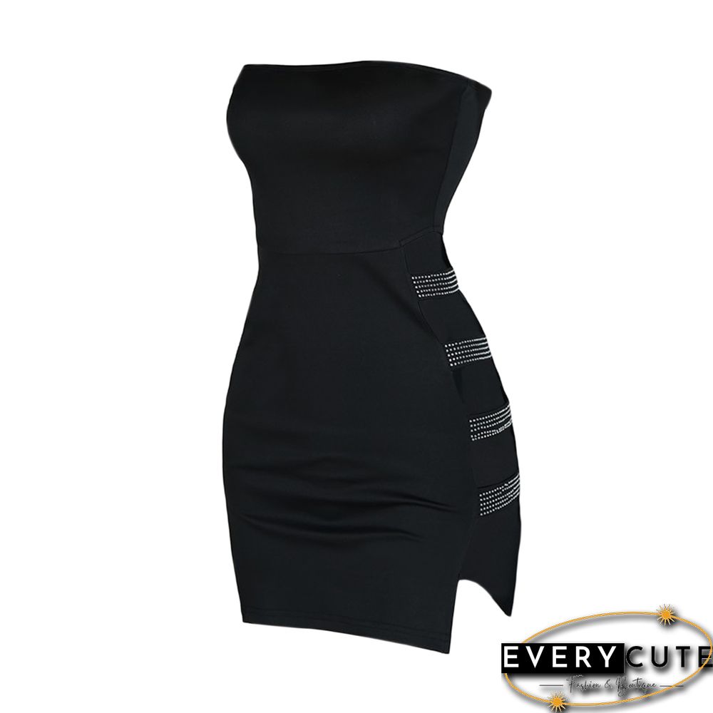 Women&rsquo;s Sexy Bodycon Pencil Dress Rhinestone Hollow Out Off Shoulder Solid Color Skinny Mini Short Dress Party Nightclub Wear