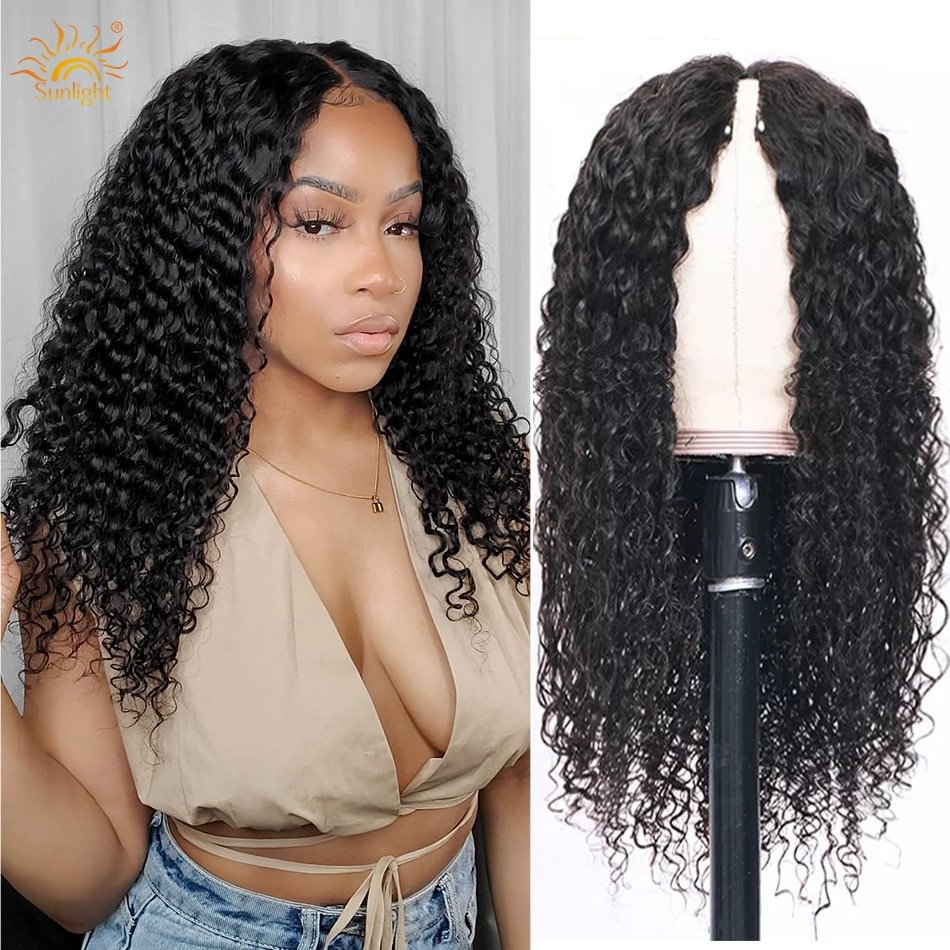 Curly V Part Wig Human Hair No Leave Out Deep Wave Human Hair Wigs for Women Glueless Brazilian Thin Part Wigs  US Mall Lifes