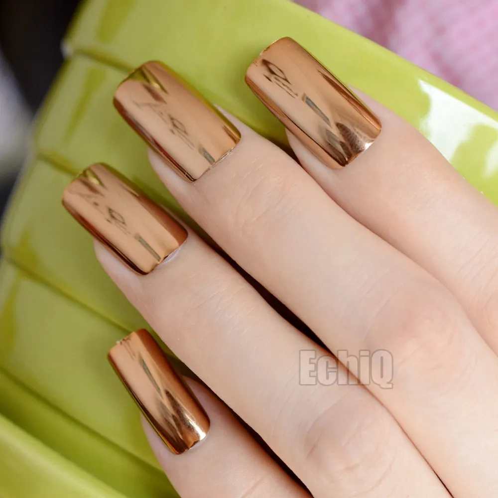 Extra Long Press On Nails Glossy Champagne Mirror Acrylic Nail Tips Square Top 20pcs/kit-Nail Inspo