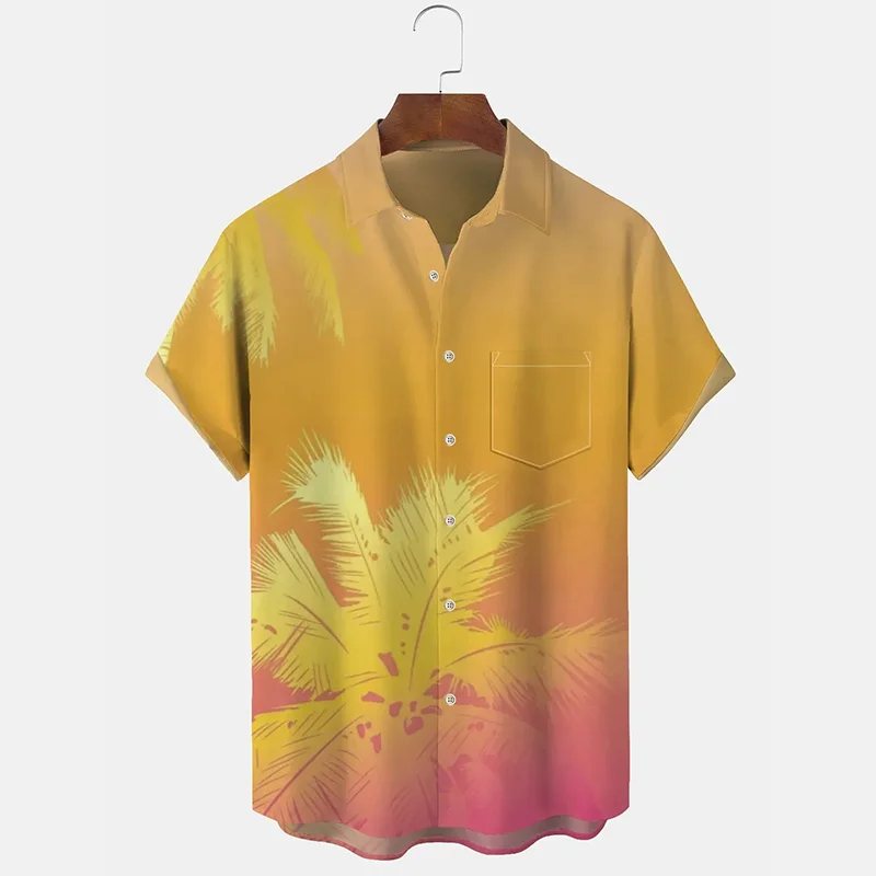 Men's Casual Hawaiian Beach Gradient Coconut Tree Print Collar Short Sleeved Shirt