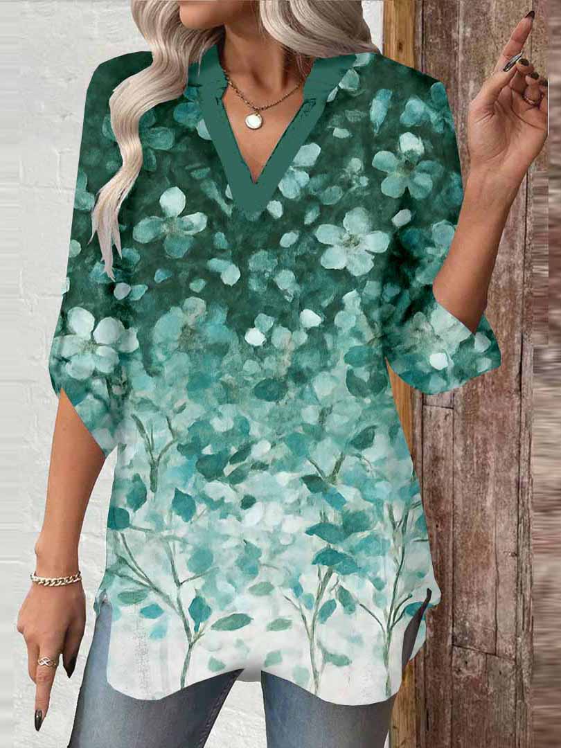 Women Floral,Green DZGA0025 3/4 Sleeve V-neck Printed Graphic Button Tops