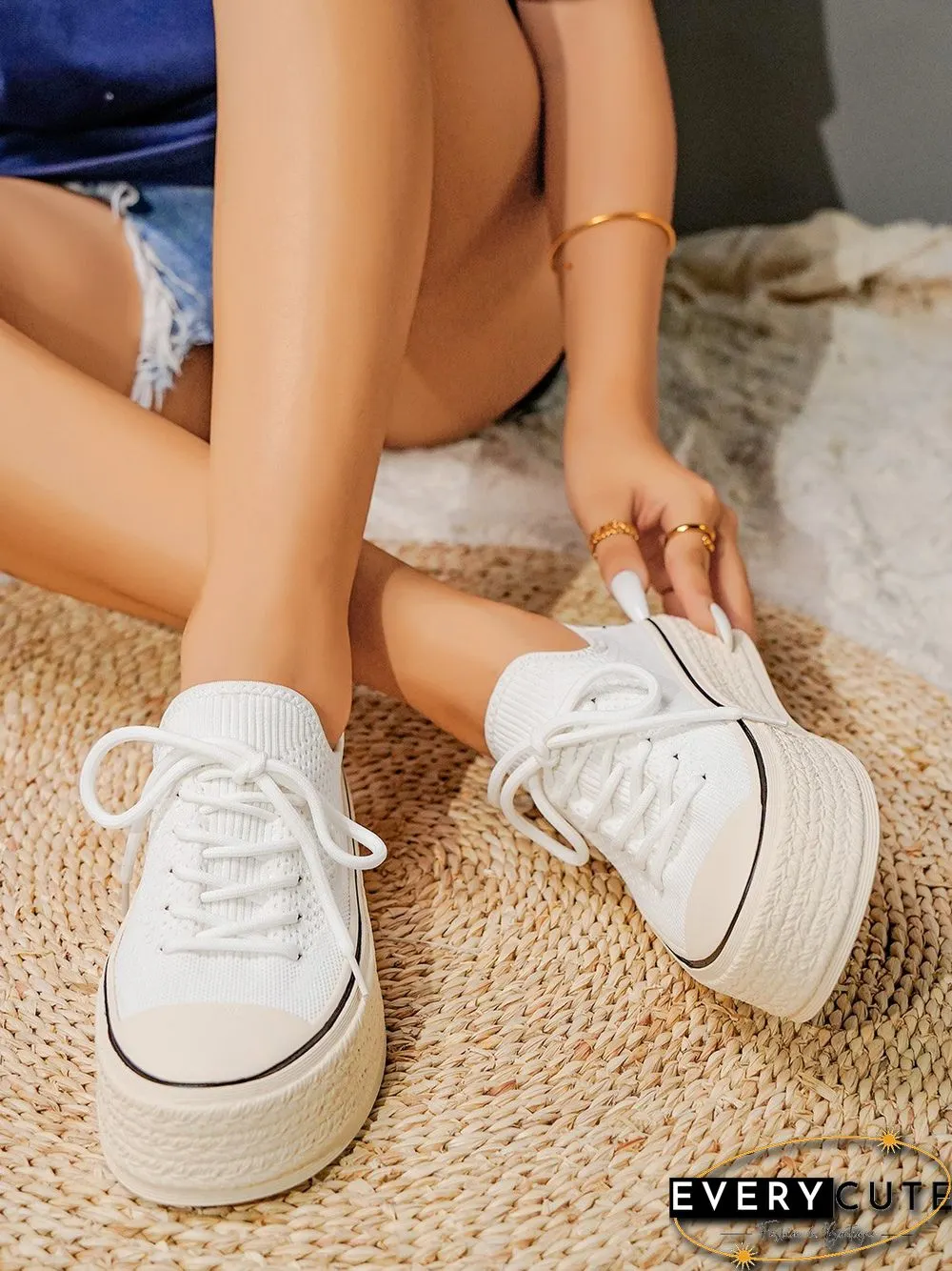 Fashionable Lightweight Breathable Lace-Up Platform Flyknit Casual Shoes
