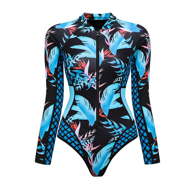 Long Sleeve Zip Front Printed One Piece Surf Swimsuit Flaxmaker