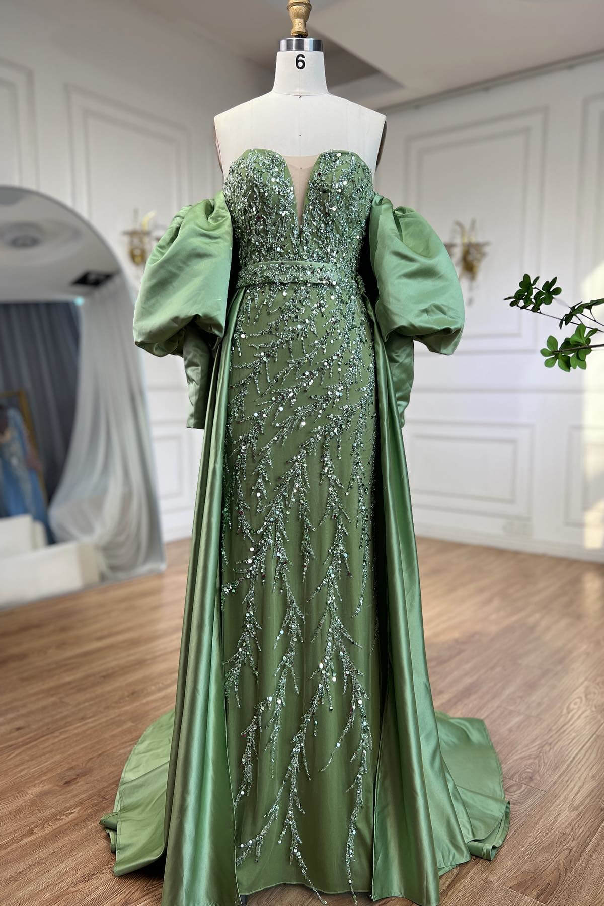 Bellasprom Sage Green Sweetheart Mermaid Evening Dress Long Sleeves With Beadings Bellasprom