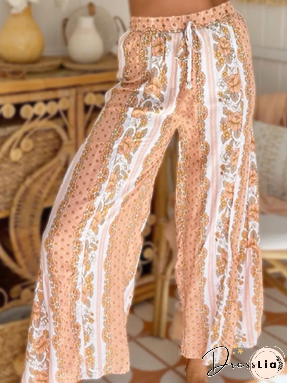 Bohemian Ethnic Print Elastic Waist Tie 9 Points Wide Leg Trousers