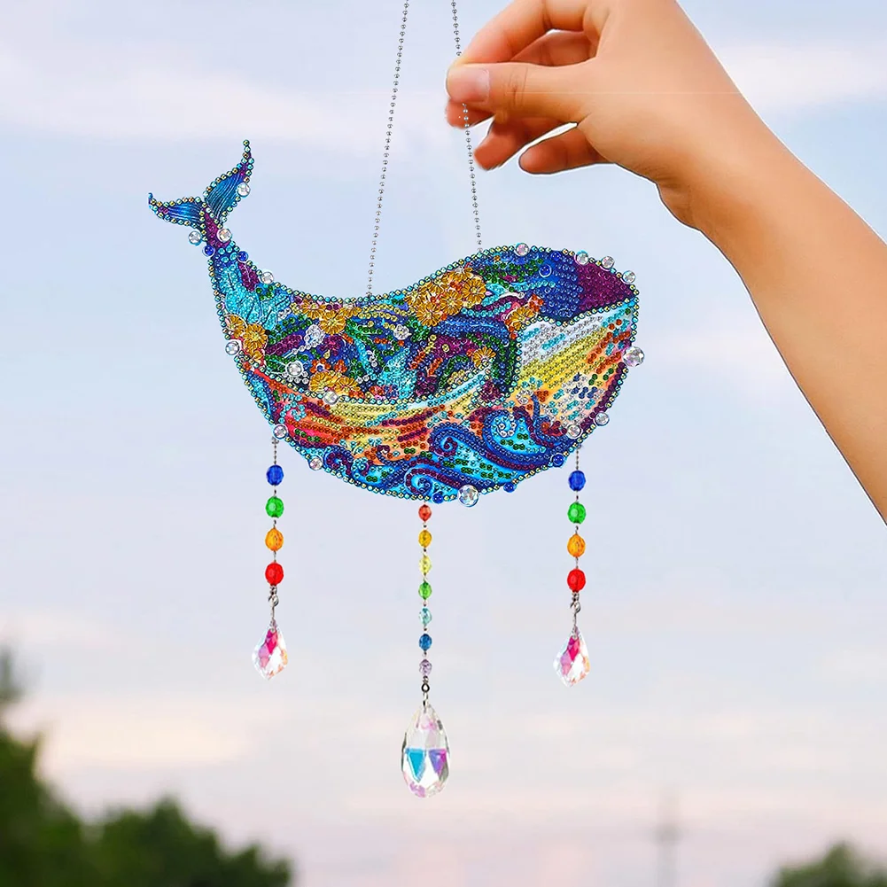 DIY Whale Wind Chimes Wreath Diamond Crystal Painting Ornament for Home Wall Decor