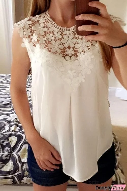 Crochet Lace Neck Sleeveless T Shirt