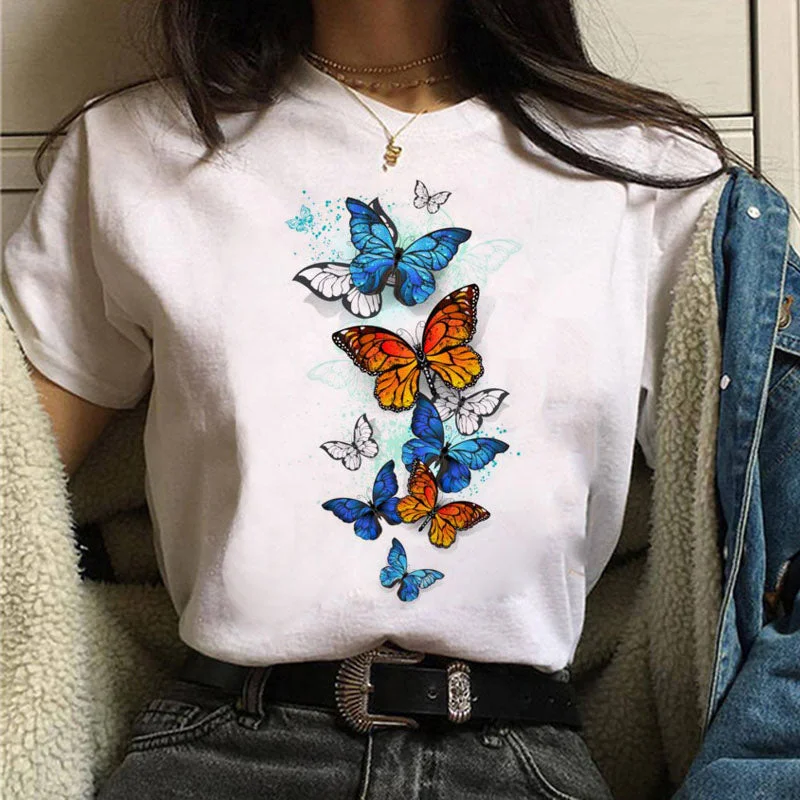 Women Red and Black Butterfly Fashion T Shirt Girl Harajuku Korean Style Graphic Tops Valentine's Day Female T-shirt,Drop Ship
