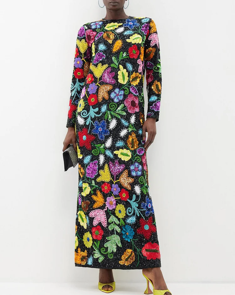 Floral-sequinned cotton long-sleeved gown