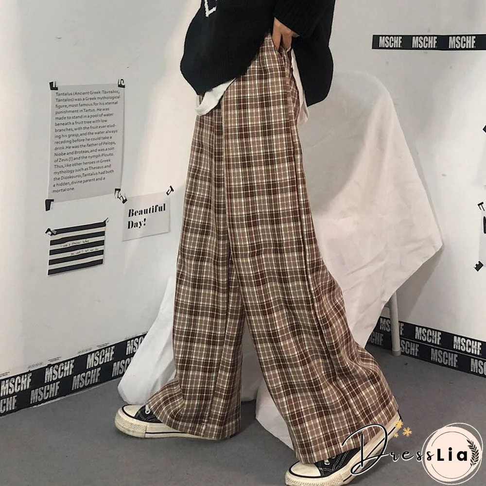 vintage plaid pants elastic waist pants women high waist plus size wide leg Pants Casual female korean trousers women