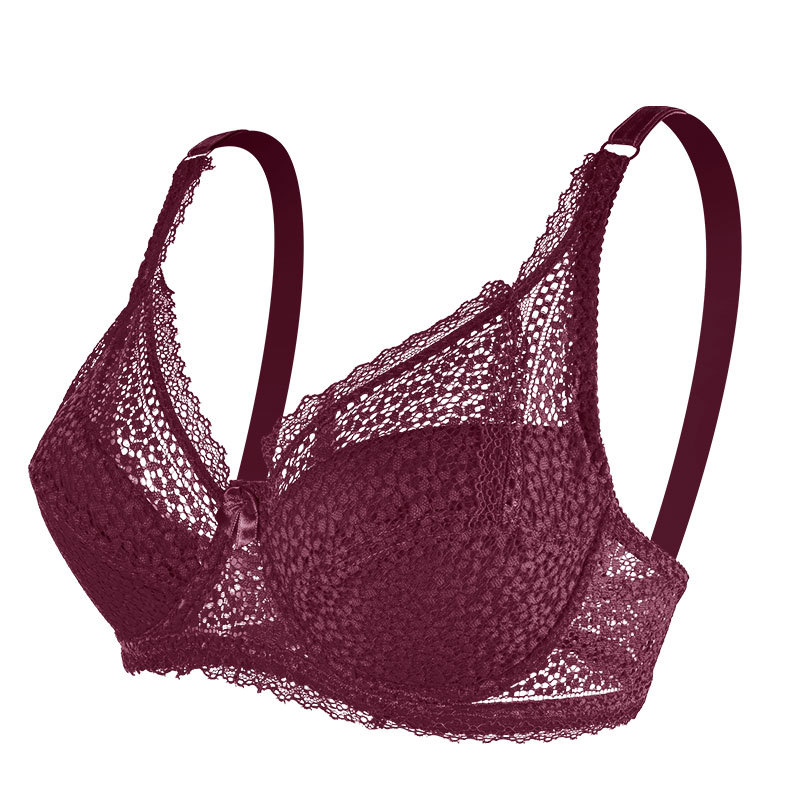 Bras-Adjustable Thin Big Breast Show Little European and American Style Push up Women's Large Size Lace Steel Ring Bra-Bras
