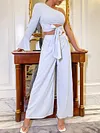 One-Shoulder Knotted Top+Wide Leg Pants Casual Two-Piece Suits