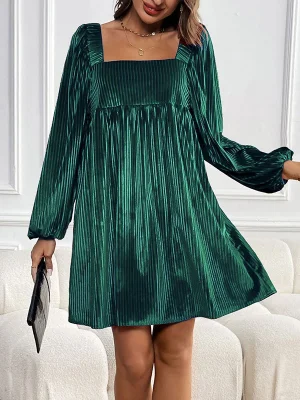 Image of Velvet Tied Solid Color Shiny Pleated Loose Long Sleeves Square-Neck Mini Dresses