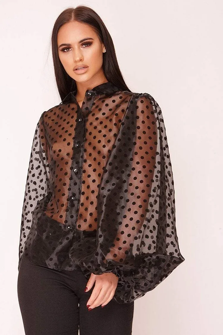 Black Polka Dot Balloon Sleeve Shirt Katch Me