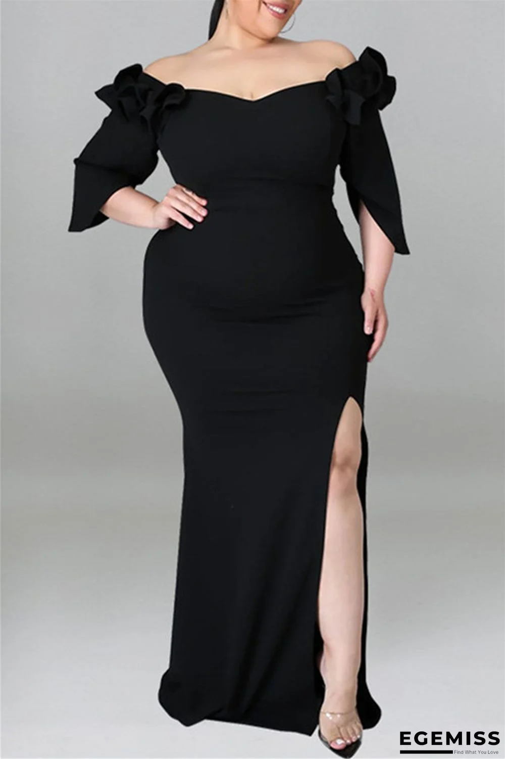 Black Fashion Sexy Plus Size Solid Patchwork Slit Off the Shoulder Evening Dress | EGEMISS