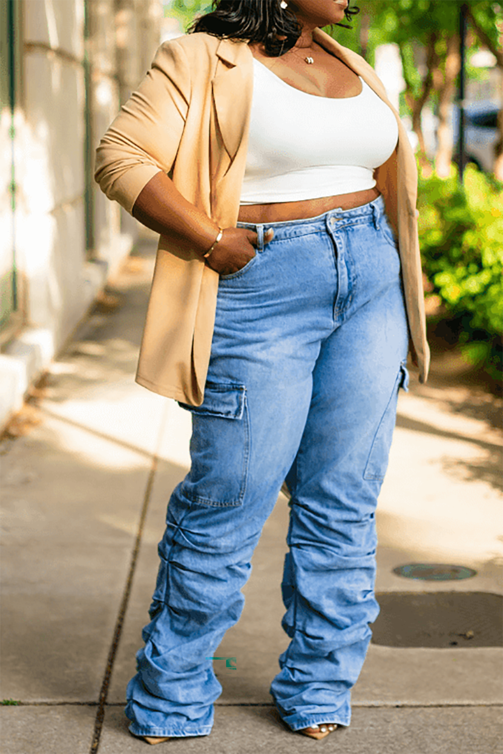 Plus Size Daily Blue Spring Summer Fold Denim Jeans [Pre-Order]