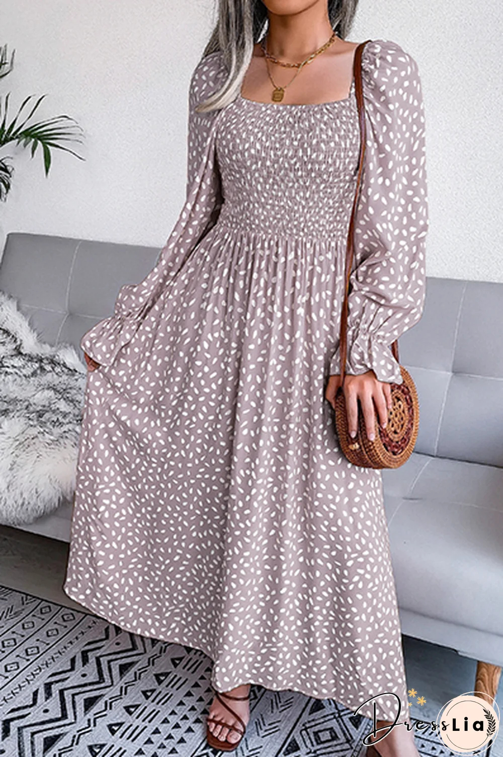 Elegant Print Flounce Fold Square Collar Dresses