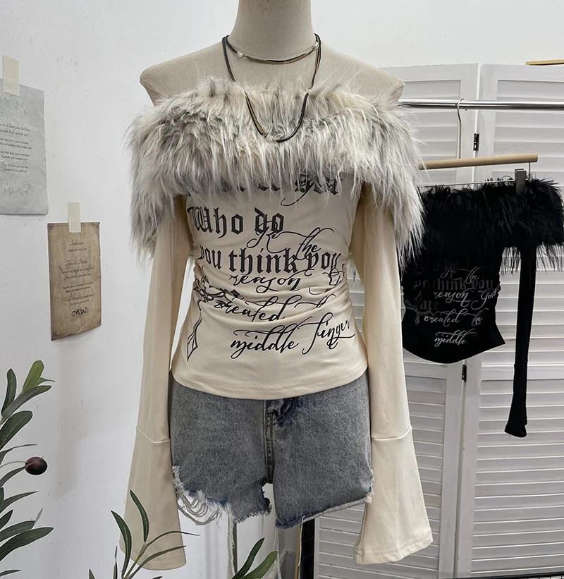 Nigikala Nigikala Shot Hair Collar Print Shoulder Horn Long-Sleeved T-Shirt Repair Short Picties Shoulder Grinding Top 1368