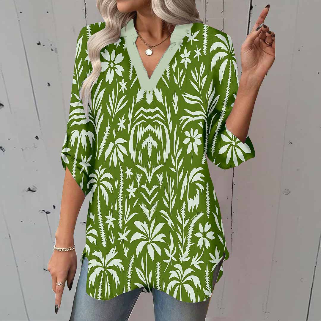 Women Leaves, Green, Tropical DZGA0186 3/4 Sleeve V-neck Printed Graphic Button Tops