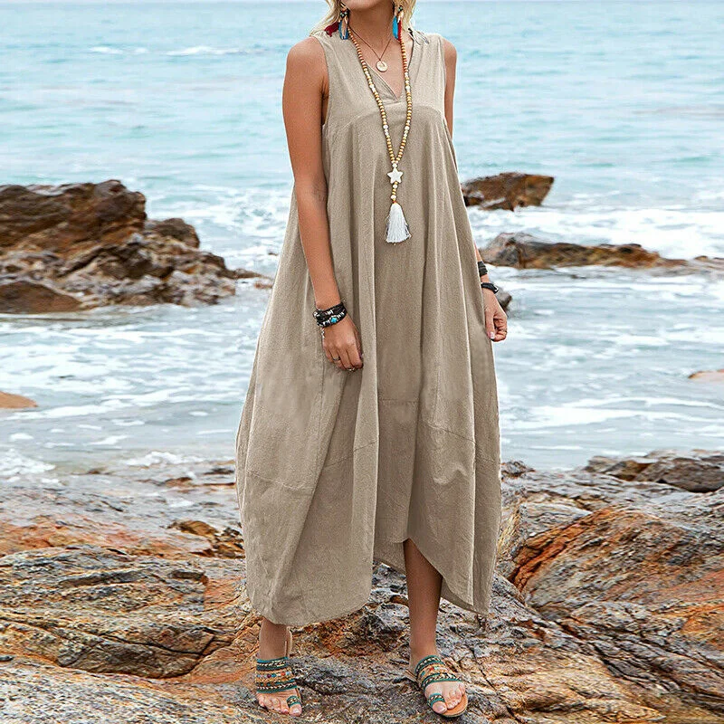 V-Neck Solid Color Casual Midi Dress