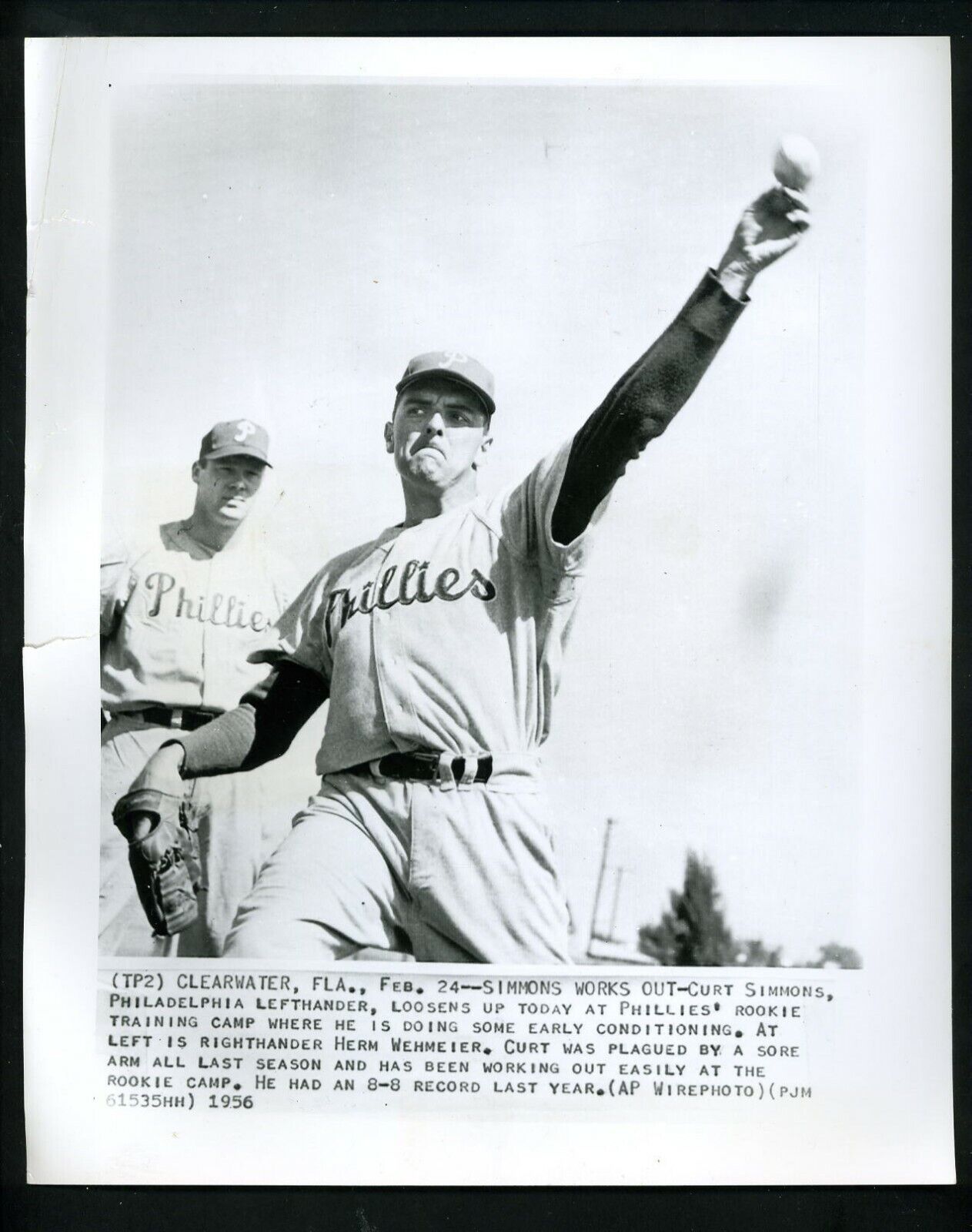 Curt Simmons 1956 Press Photo Poster painting Philadelphia Phillies Herm Wehmeier