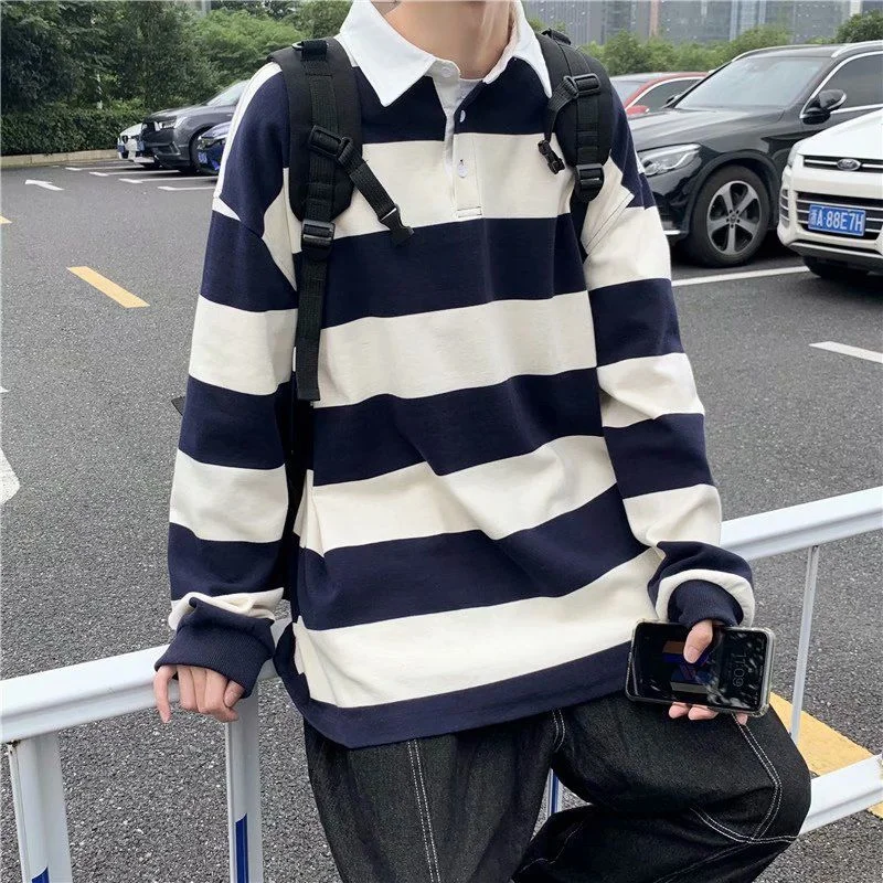 Aonga   Autumn New Striped Turn-Down Long-Sleeved T-Shirt High Quality Simple Cotton Top Harajuku Hot Sale Vintage Style Unisex Clothes