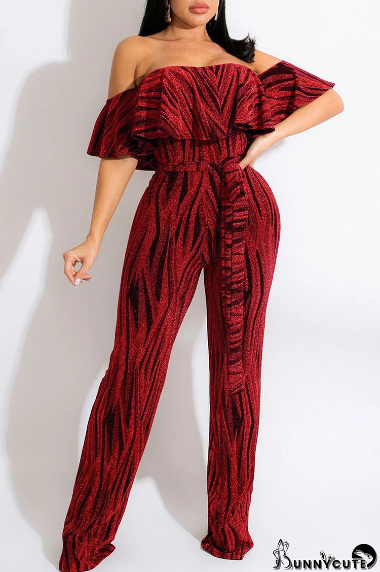 Burgundy Casual Print Split Joint Flounce Off the Shoulder Straight Jumpsuits