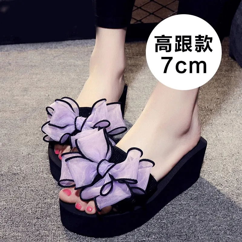 7cmHigh Heel Women's High-heeled Slippers Women's Summer Wild Bow Slippers Women's Beach Slippers Casual Beach Shoes Flip Flops