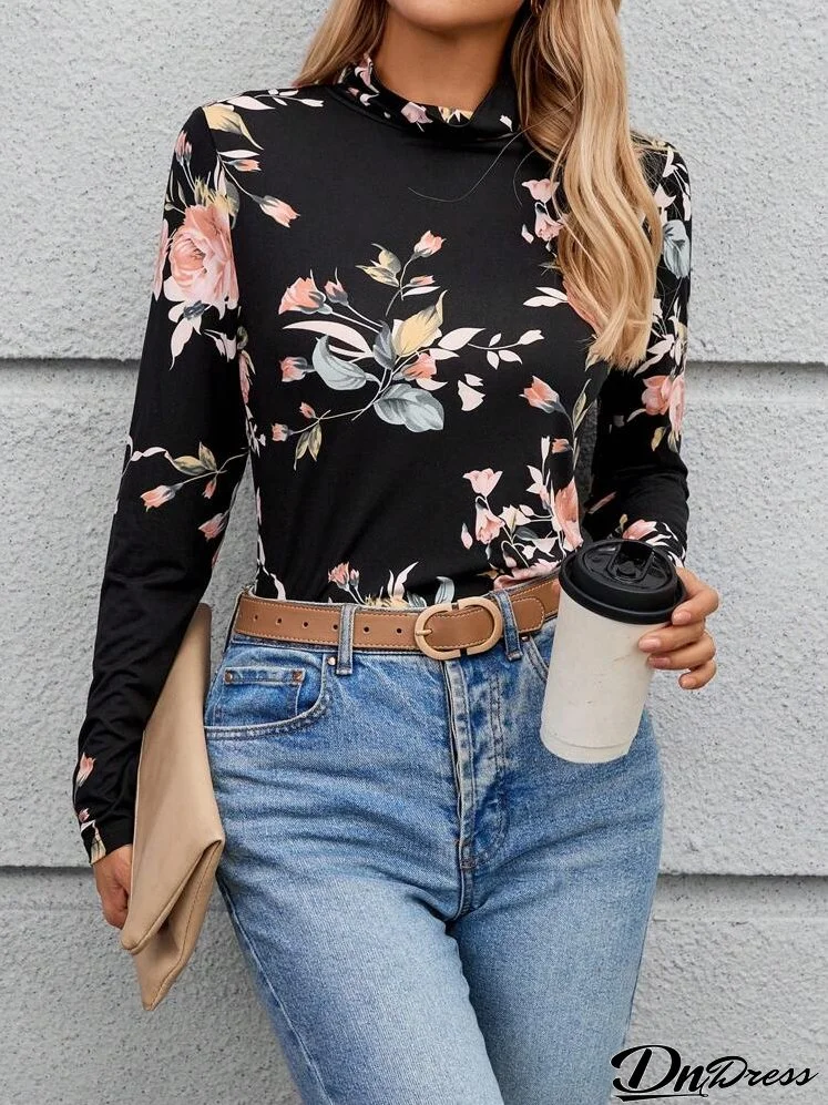 Women's Floral Print Stand Collar Long Sleeve Casual T-Shirt