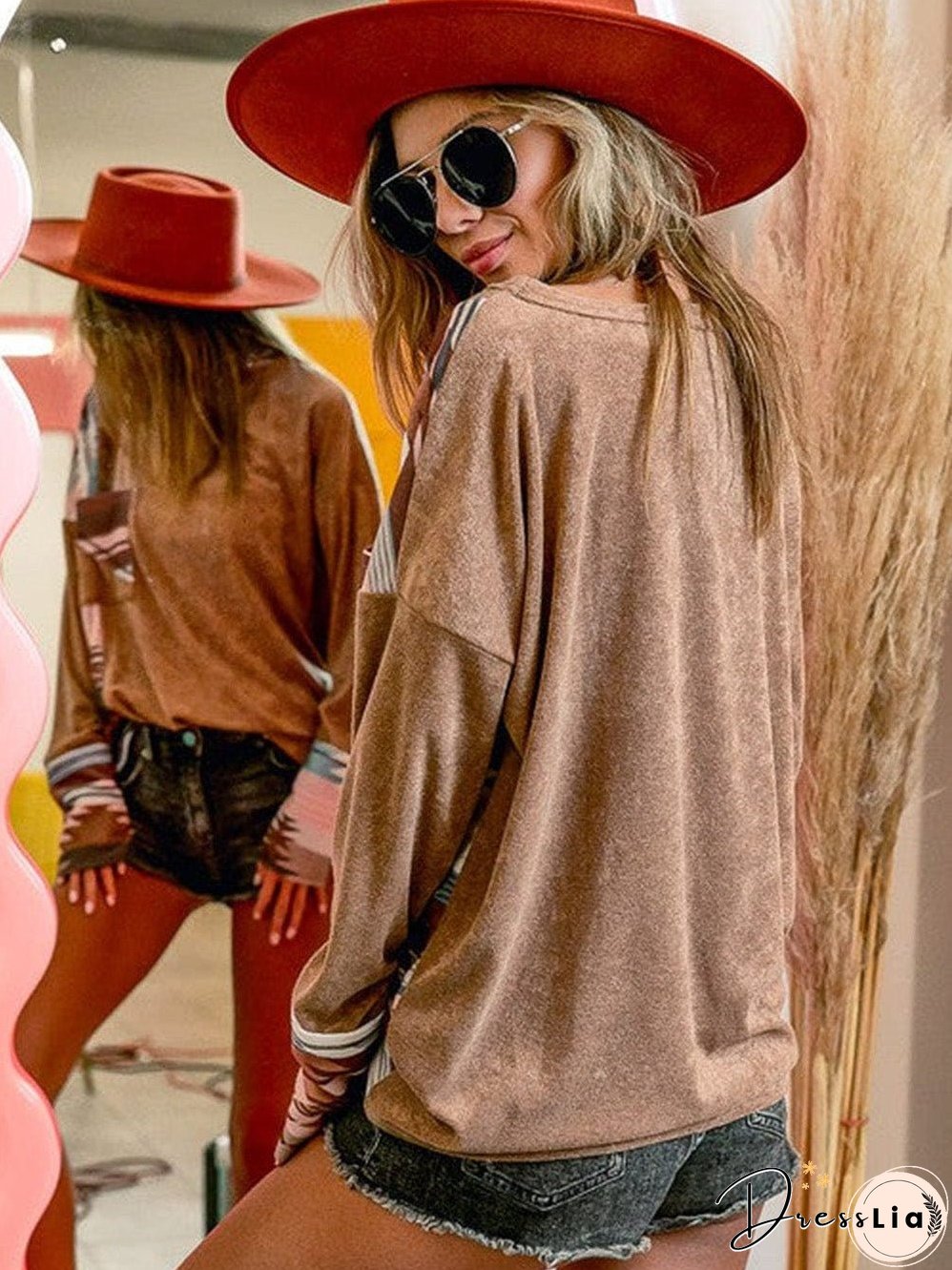 Cozy Brown Aztec Print Patched Pocket Long Sleeve Shirt
