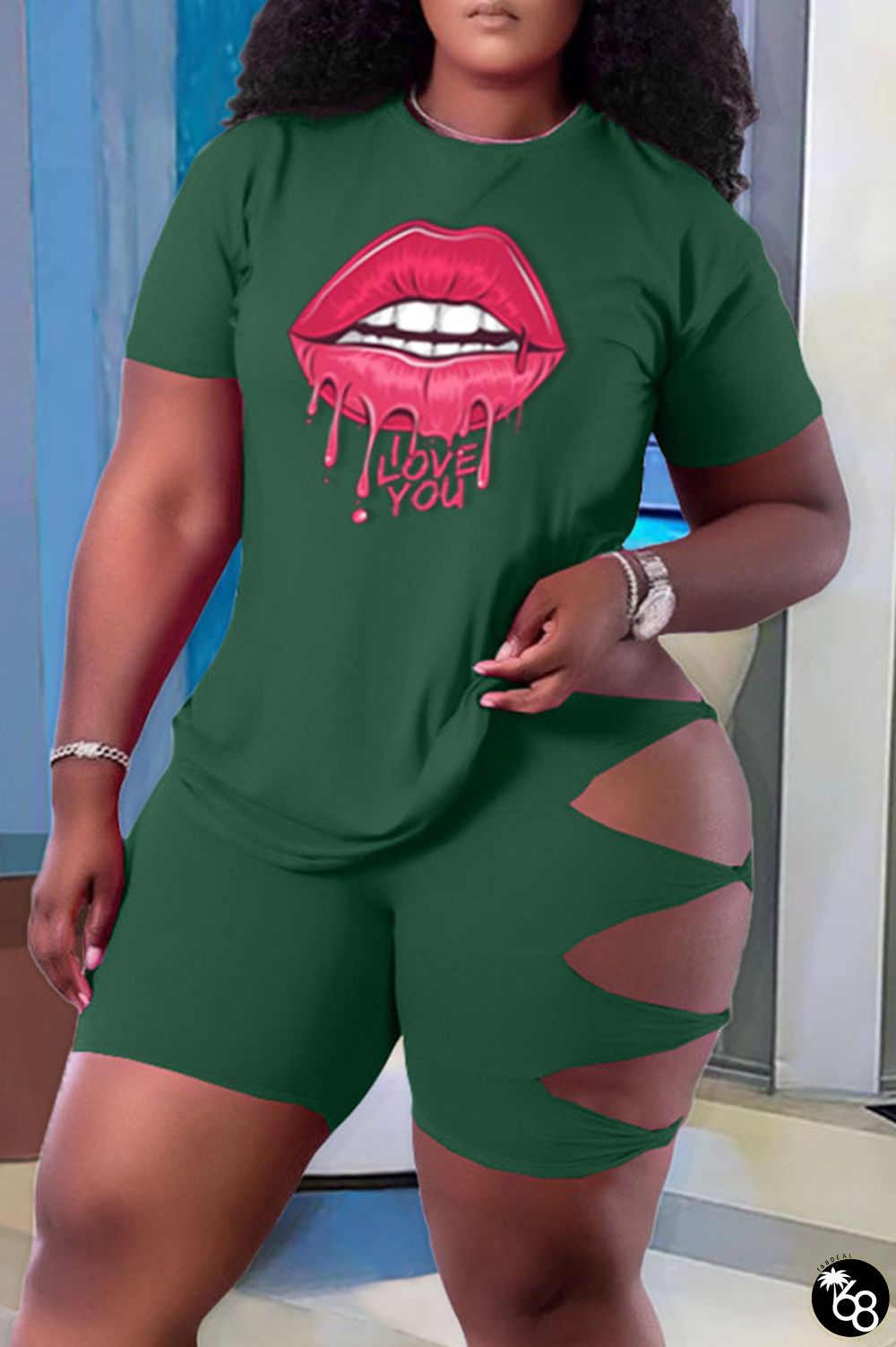 Green Fashion Casual Lips Printed Ripped Hollowed Out O Neck Plus Size Two Pieces | 168DEAL