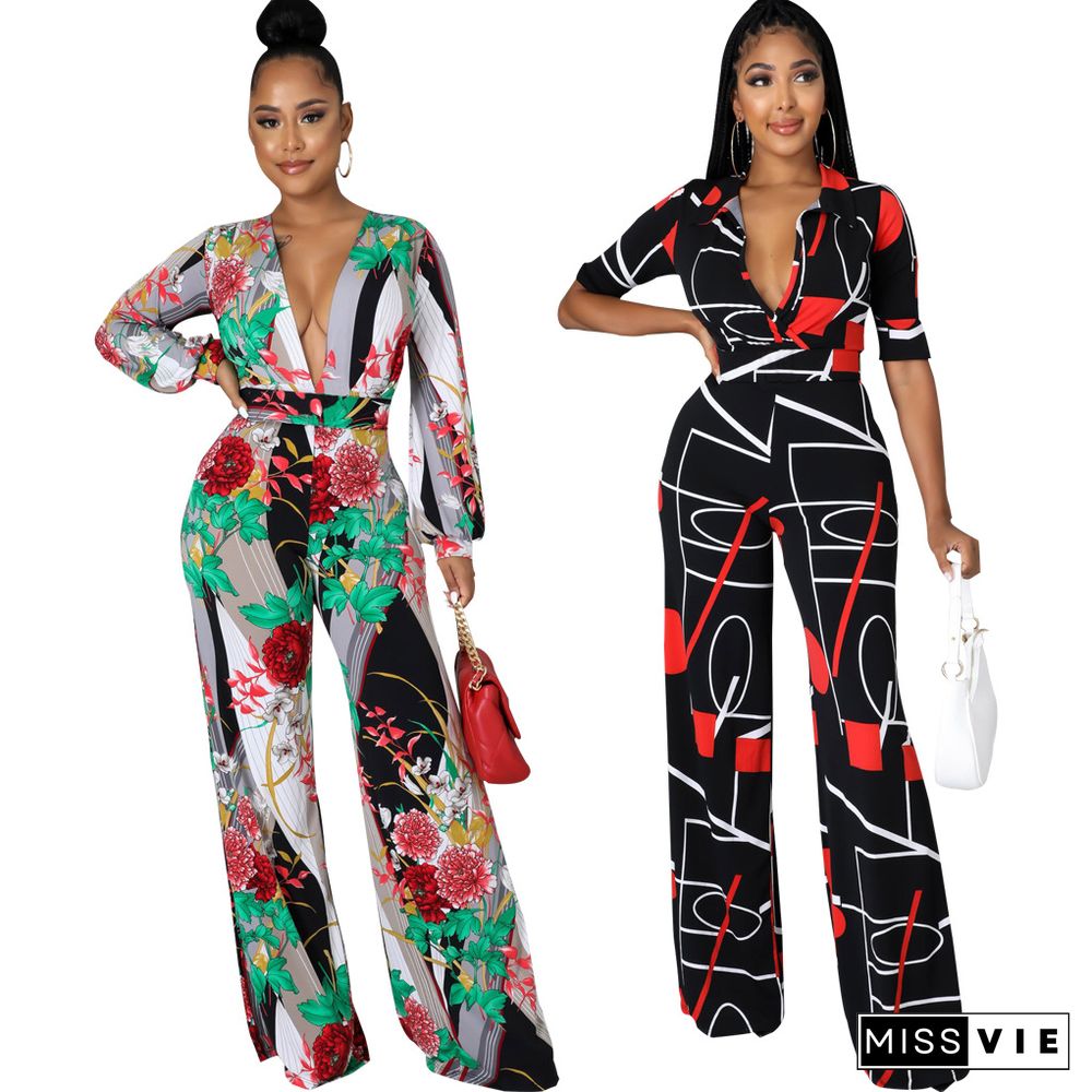Digital Printed V-neck One Piece Jumpsuit