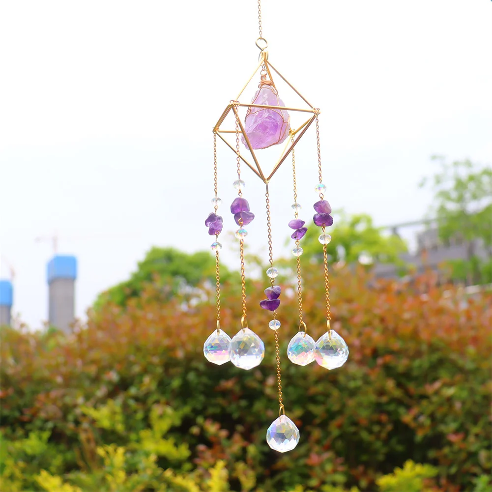 Crystal Wind Chimes Natural Stone Prism Light Catcher Garden Decor (Purple)
