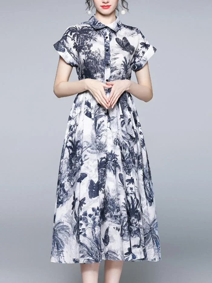 Women's New Ink Printed Mid-length Shirt Collar Short Sleeve Dress
